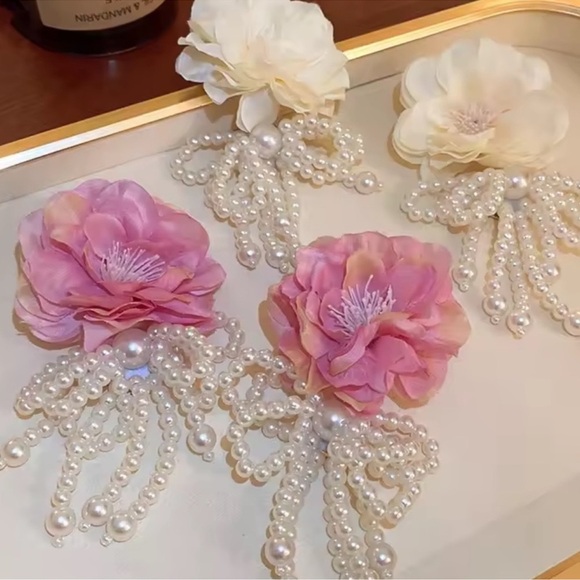 Pink Floral Pearl Earrings - Picture 3 of 3